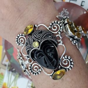 New Carved Black Goddess Face Citrine 925 Silver Bracelet.